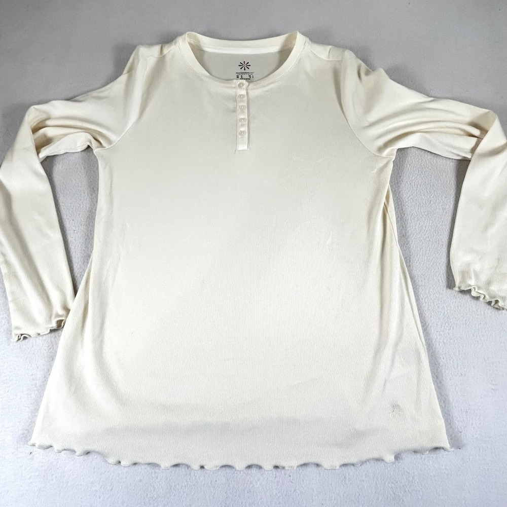 Isaac Mizrahi Live Essentials Pima Cotton Ribbed Henley Top Off-White‎ Cream M